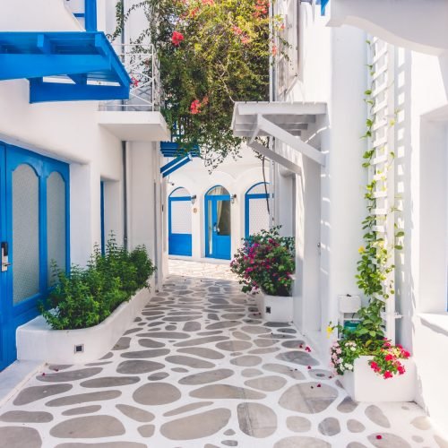 Beautiful Architecture building Exterior with santorini and greece style - Vintage light filter